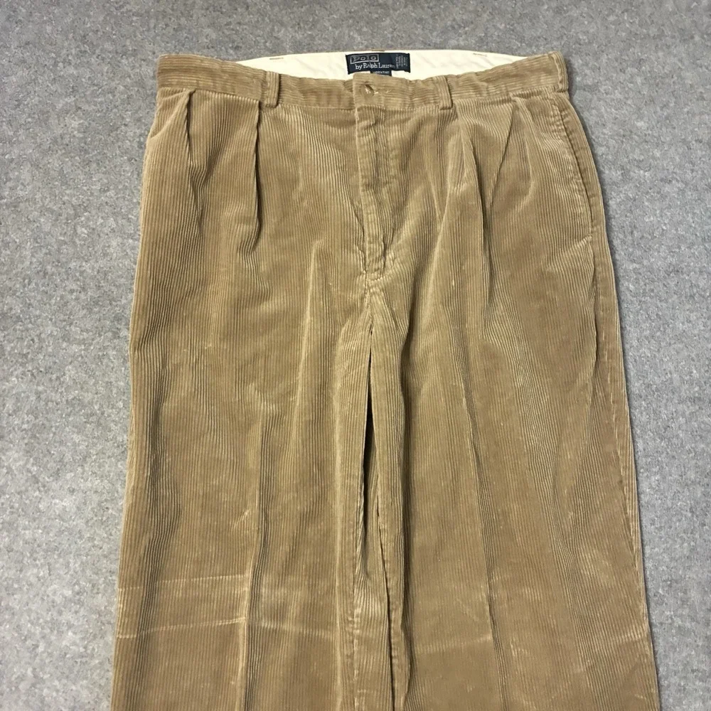 Vintage Polo Ralph Lauren Andrew Pant Mens 36x32 Tan Corduroy Pleated Trousers